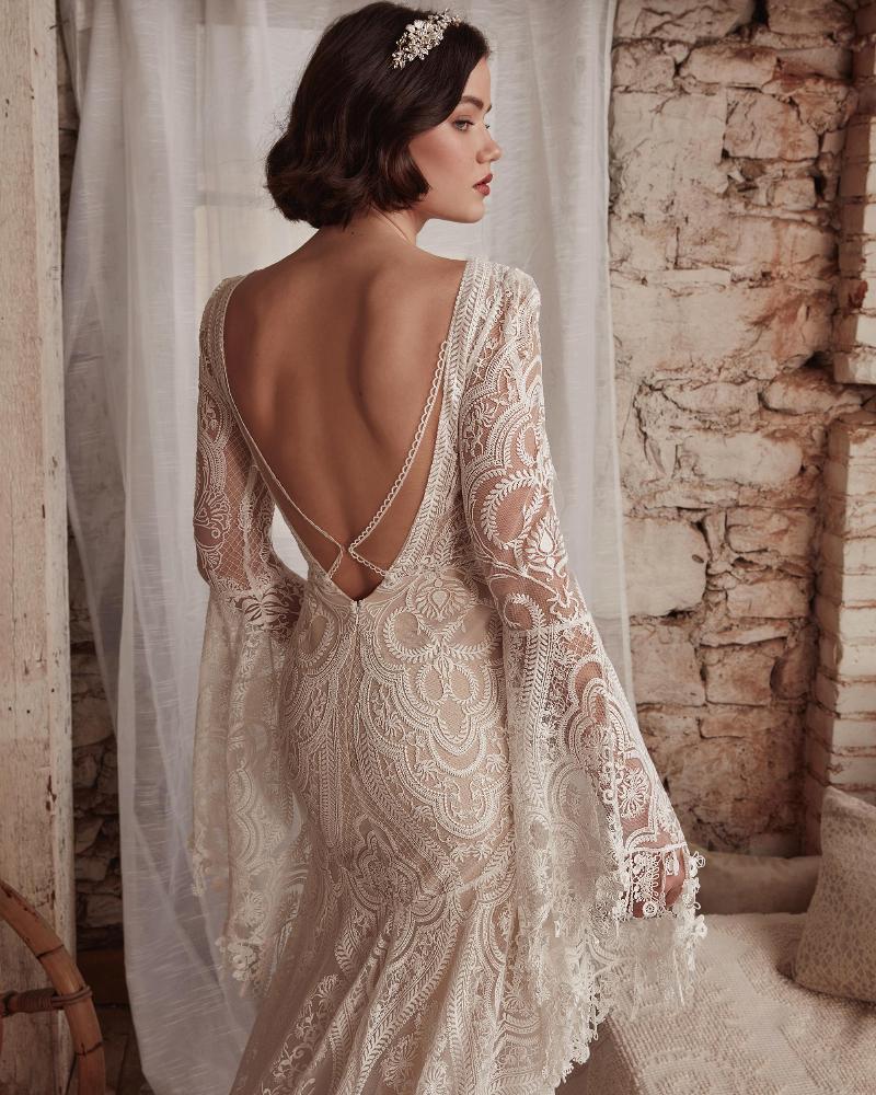 Lp2127 backless boho wedding dress with bell sleeves and fringe4